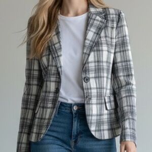 Gerry Weber Classic Tailored Black Quiet Luxury White Plaid Blazer Preppy Size 6
